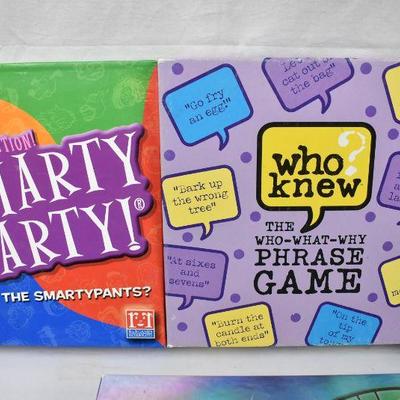 4 Board Games, Complete: Smarty Party, Who Knew, Dr Seuss, Trivial Pursuit DVD