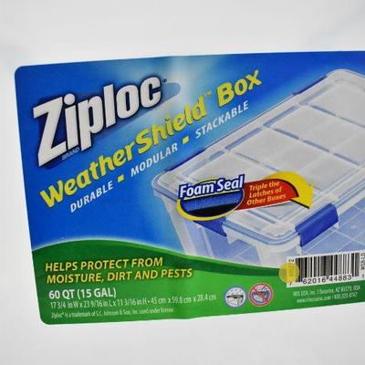 Ziploc 60 Qt WeatherShield Storage Box, 1 count, Clear. Broken Corner on Lid