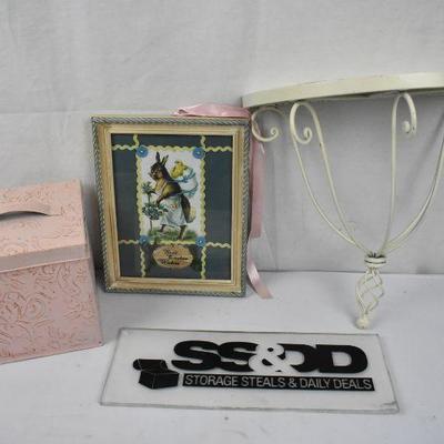 3 pc Antique Style Decor: Pink Metal Box, Framed Easter Image, Metal Wall Shelf