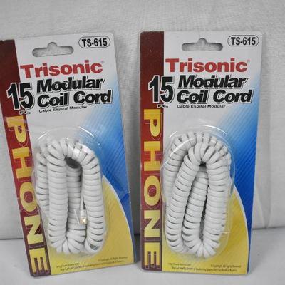 15ft Modular Coil Cords for Phones, Qty 2 - New