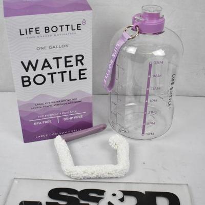 One Gallon Water Bottle by Life Bottle. Clear & Purple w/ Time & Ounces Markings