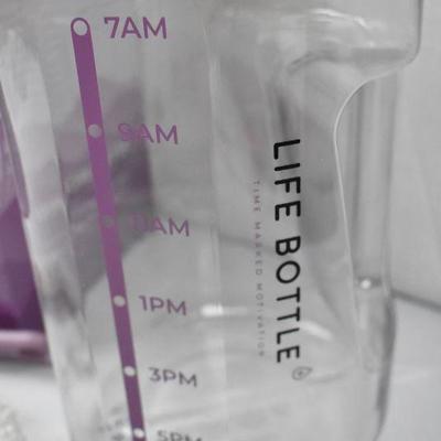 One Gallon Water Bottle by Life Bottle. Clear & Purple w/ Time & Ounces Markings