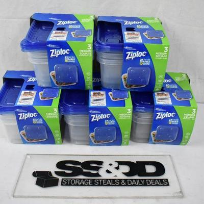 5 packages Ziploc Containers, Medium Square, 3 ct in each package - New