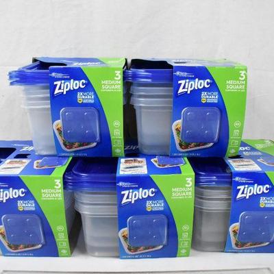 5 packages Ziploc Containers, Medium Square, 3 ct in each package - New
