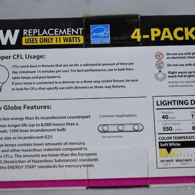 G25 Globe Light Bulbs 40W Replacement, Uses only 11 watts, 4-pack - New