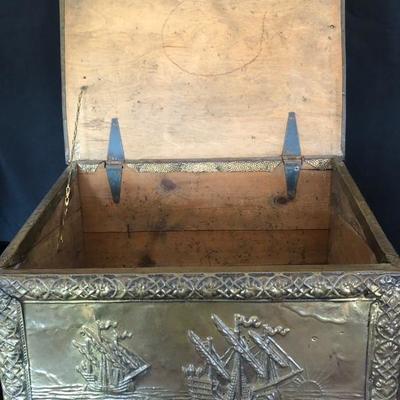 Late 19thC early 20th Tinder Box with intricate Brass Ship relief on all sides