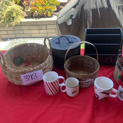 Lot 343 Baskets, Christmas mugs, mail holder mini teapots