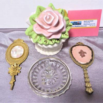 Vintage Hand Mirrors, Silver rim Ring Holder & Floral Trinket Covered Dish LOT