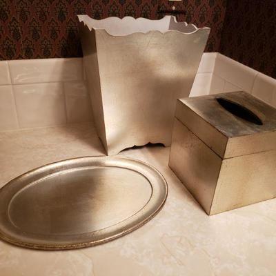 Lot 45: Silver Wood Trash Can, Kleenex Box & Tray -- Made in Italy