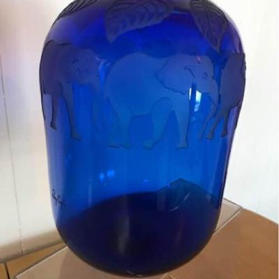 Stunning Artist Signed Elephant Motif Blue Vase
