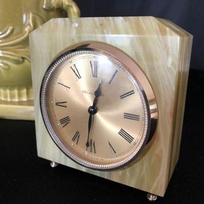 Mid Century Red Wing Pottery Acanthus Leaf Vase and Mid Century Lucite Clock #422