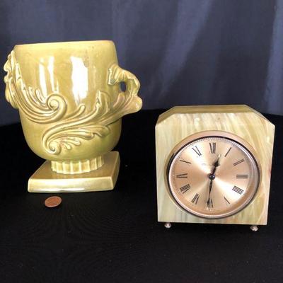 Mid Century Red Wing Pottery Acanthus Leaf Vase and Mid Century Lucite Clock #422