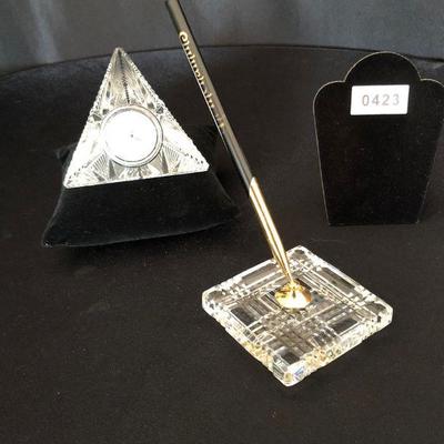 Waterford Crystal Desk Set - Pyramid Clock and Pen holder. #423
