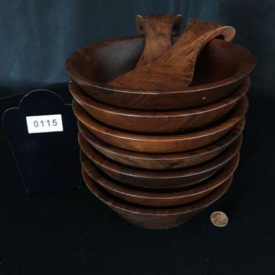 Set of 7 Vintage Wooden Salad Bowl & Utensils Late 1960's Lot # 115