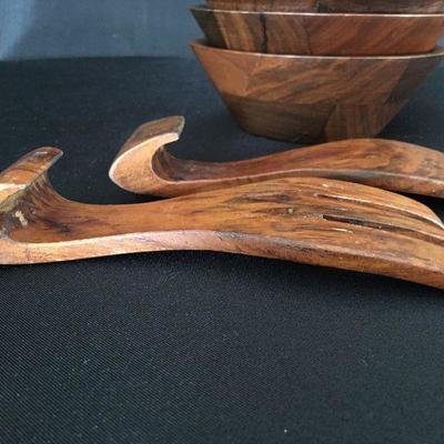 Set of 7 Vintage Wooden Salad Bowl & Utensils Late 1960's Lot # 115