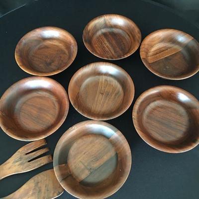 Set of 7 Vintage Wooden Salad Bowl & Utensils Late 1960's Lot # 115