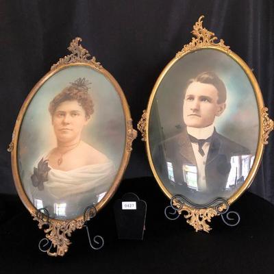 Pair Framed Brass Convex Glass Hand Tinted Portraits Early 20th C. Likely Wedding Portraits Lot # 427