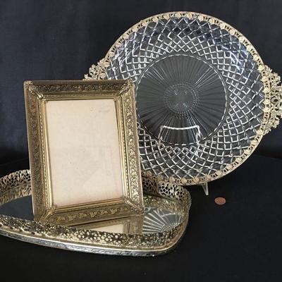 Collection of Vintage Brass and Glass pieces - Serving Plate, Frame, Perfume tray #121
