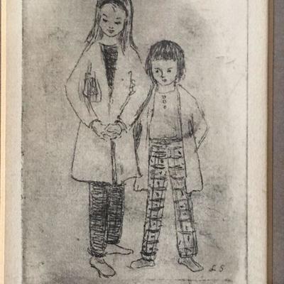 Mid Century Pair of Framed Charming Etchings - all signed - Cat, Dog, Beatniks, Cityscapes, Children #122