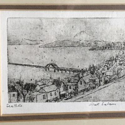 Mid Century Pair of Framed Charming Etchings - all signed - Cat, Dog, Beatniks, Cityscapes, Children #122