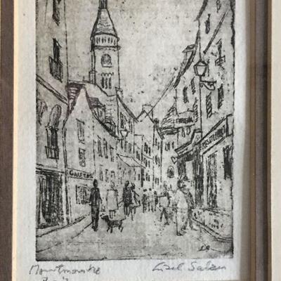 Mid Century Pair of Framed Charming Etchings - all signed - Cat, Dog, Beatniks, Cityscapes, Children #122