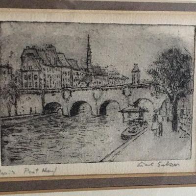 Mid Century Pair of Framed Charming Etchings - all signed - Cat, Dog, Beatniks, Cityscapes, Children #122