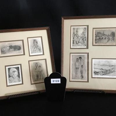 Mid Century Pair of Framed Charming Etchings - all signed - Cat, Dog, Beatniks, Cityscapes, Children #122