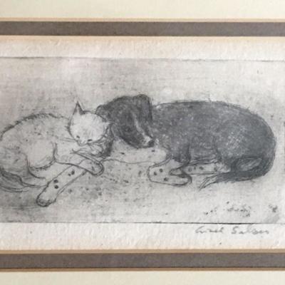 Mid Century Pair of Framed Charming Etchings - all signed - Cat, Dog, Beatniks, Cityscapes, Children #122