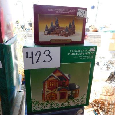 Lot 423 2 porcelain holiday light up houses and one set of stone step