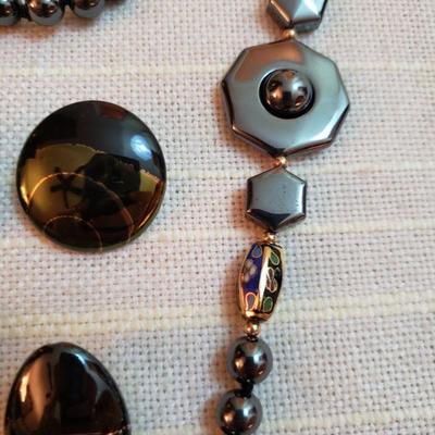 Lot 161: Hematite & Cloisonne Necklace & 2 pairs of Earrings 