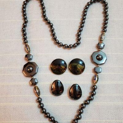 Lot 161: Hematite & Cloisonne Necklace & 2 pairs of Earrings 