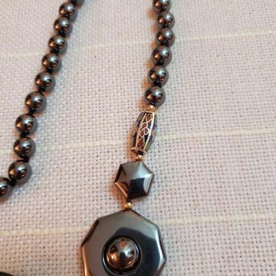 Lot 161: Hematite & Cloisonne Necklace & 2 pairs of Earrings 