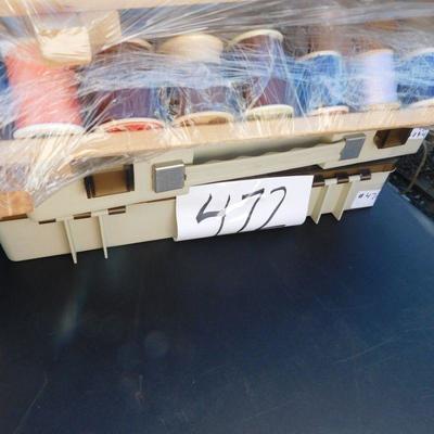 Lot 472 two organizing containers one empty one with craft gear two racks with sewing thread