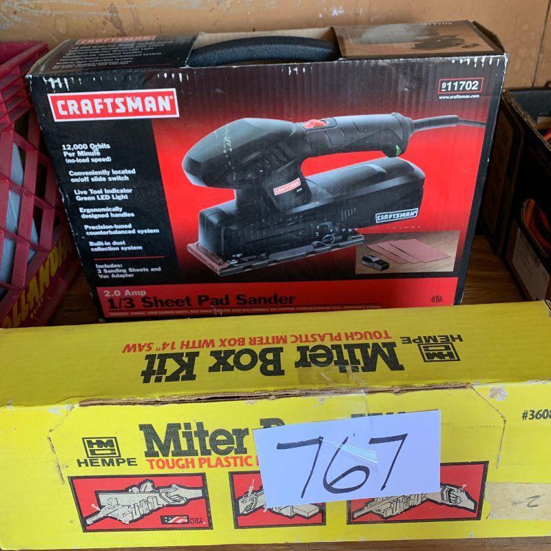 Lot 767 craftsman 1/3 sheet pad sander still in box and miter box kit