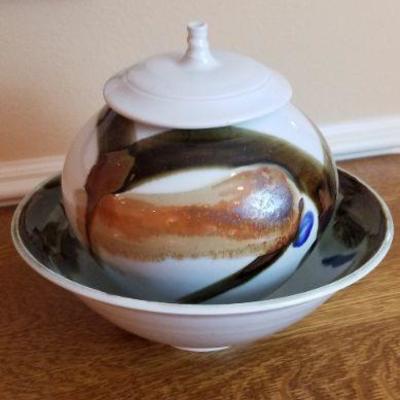 LOT #226: Signed Large Bowl and Vessel w/ Lid