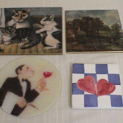 LOT #285: (4) Assorted Hot Plates (Cats, Butler, Red Hearts, Landscape Scene)