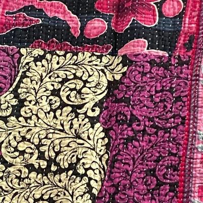 VINTAGE SARI KANTHA QUILT COVERLET THROW BEDSPREAD DOUBLE SIDED