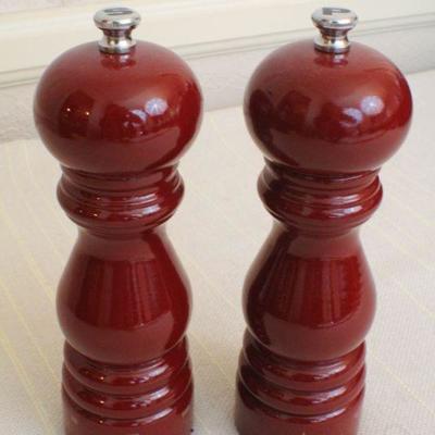 LOT #327: PEUGEOTâ„¢ Dark Red Enamel Made in France Salt and Pepper Grinders