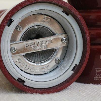 LOT #327: PEUGEOTâ„¢ Dark Red Enamel Made in France Salt and Pepper Grinders