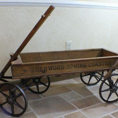 LOT #331: Antique SHERWOOD SPRING COASTER Toy Wagon w/ Cast Iron Spoke Wheels