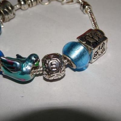 Childs Aqua Blue and Silver Tone Charm Bracelet, Blue Bird 
