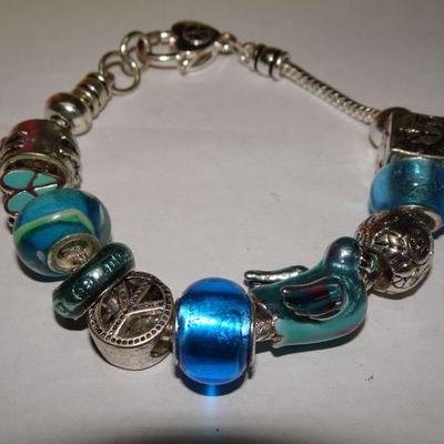 Childs Aqua Blue and Silver Tone Charm Bracelet, Blue Bird 