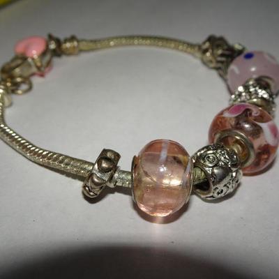 Pretty In Pink Childs Charm Bracelet, Silver Tone, Glass Beads 