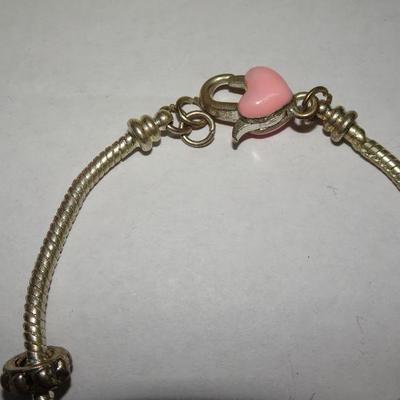 Pretty In Pink Childs Charm Bracelet, Silver Tone, Glass Beads 