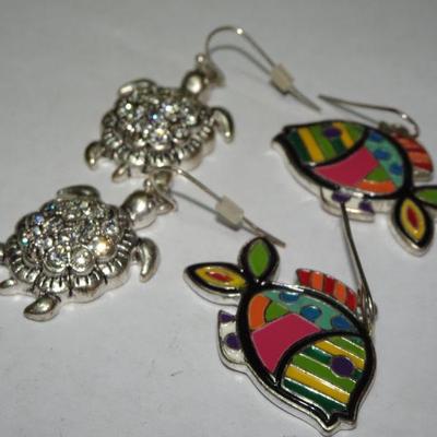 Turtles & Rainbow Fish Earrings, Silver Tone