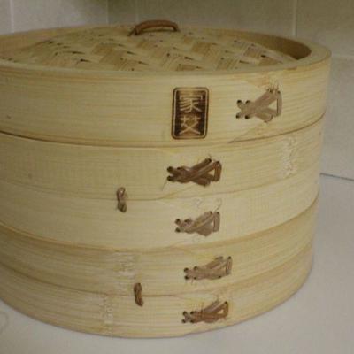 LOT #338: Vintage 5 Tier Bamboo Steamer Set Marked w/ Asian Symbols