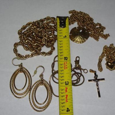 Gold Plated Jewelry Lot, Crucifix, Earrings, Chains