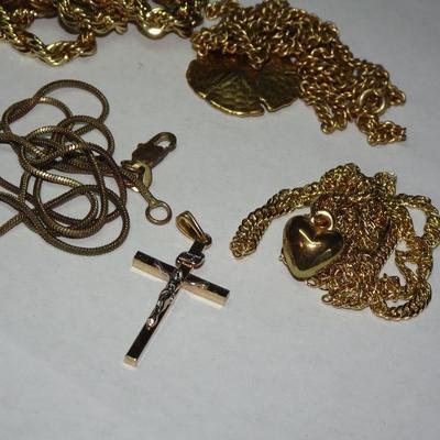 Gold Plated Jewelry Lot, Crucifix, Earrings, Chains