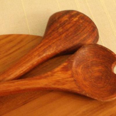 LOT #344: (2) Vintage Wooden Chargers w/ Wooden Salad Spoon and Fork