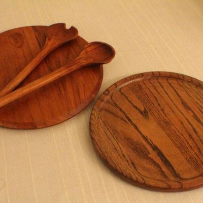 LOT #344: (2) Vintage Wooden Chargers w/ Wooden Salad Spoon and Fork